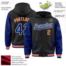 Load image into Gallery viewer, Custom Black Royal-Orange Bomber Full-Snap Varsity Letterman Two Tone Hoodie Jacket