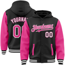 Laden Sie das Bild in den Galerie-Viewer, Custom Black Pink-White Bomber Full-Snap Varsity Letterman Two Tone Hoodie Jacket
