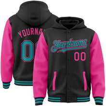 Load image into Gallery viewer, Custom Black Teal-Pink Bomber Full-Snap Varsity Letterman Two Tone Hoodie Jacket