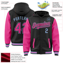 Laden Sie das Bild in den Galerie-Viewer, Custom Black Pink-Light Blue Bomber Full-Snap Varsity Letterman Two Tone Hoodie Jacket