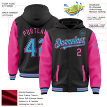 Load image into Gallery viewer, Custom Black Sky Blue-Pink Bomber Full-Snap Varsity Letterman Two Tone Hoodie Jacket