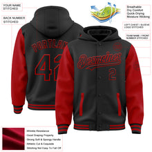 Load image into Gallery viewer, Custom Black Red Bomber Full-Snap Varsity Letterman Two Tone Hoodie Jacket