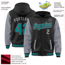 Load image into Gallery viewer, Custom Black Teal-Gray Bomber Full-Snap Varsity Letterman Two Tone Hoodie Jacket