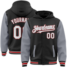 Load image into Gallery viewer, Custom Black Gray-Red Bomber Full-Snap Varsity Letterman Two Tone Hoodie Jacket