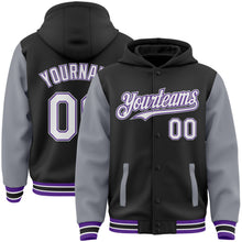 Load image into Gallery viewer, Custom Black Gray-Purple Bomber Full-Snap Varsity Letterman Two Tone Hoodie Jacket