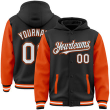 Charger l'image dans la galerie, Custom Black White-Orange Bomber Full-Snap Varsity Letterman Two Tone Hoodie Jacket