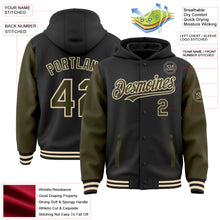 Load image into Gallery viewer, Custom Black Olive-Cream Bomber Full-Snap Varsity Letterman Two Tone Hoodie Jacket