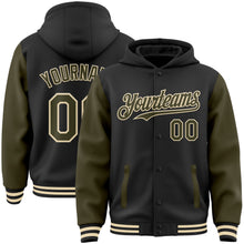 Load image into Gallery viewer, Custom Black Olive-Cream Bomber Full-Snap Varsity Letterman Two Tone Hoodie Jacket