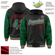 Load image into Gallery viewer, Custom Black Kelly Green-Red Bomber Full-Snap Varsity Letterman Two Tone Hoodie Jacket