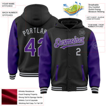 Load image into Gallery viewer, Custom Black Purple-Gray Bomber Full-Snap Varsity Letterman Two Tone Hoodie Jacket