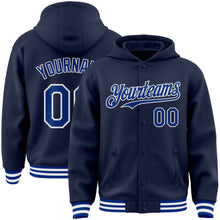 Загрузить изображение в средство просмотра галереи, Custom Navy Royal-White Bomber Full-Snap Varsity Letterman Hoodie Jacket