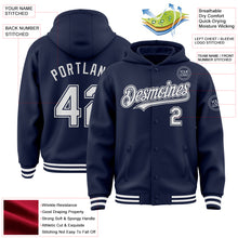 Загрузить изображение в средство просмотра галереи, Custom Navy White Bomber Full-Snap Varsity Letterman Hoodie Jacket