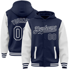 Load image into Gallery viewer, Custom Navy White Bomber Full-Snap Varsity Letterman Two Tone Hoodie Jacket