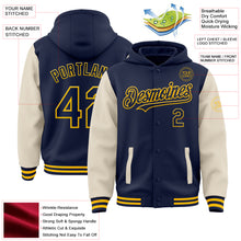 Load image into Gallery viewer, Custom Navy Cream-Gold Bomber Full-Snap Varsity Letterman Two Tone Hoodie Jacket