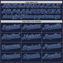 Load image into Gallery viewer, Custom Navy Cream-Light Blue Bomber Full-Snap Varsity Letterman Two Tone Hoodie Jacket