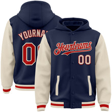 Load image into Gallery viewer, Custom Navy Red-Cream Bomber Full-Snap Varsity Letterman Two Tone Hoodie Jacket