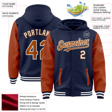 Load image into Gallery viewer, Custom Navy Texas Orange-White Bomber Full-Snap Varsity Letterman Two Tone Hoodie Jacket