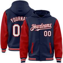 Load image into Gallery viewer, Custom Navy White-Red Bomber Full-Snap Varsity Letterman Two Tone Hoodie Jacket