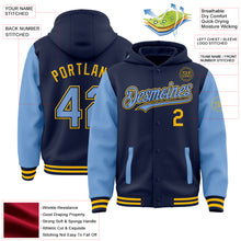 Load image into Gallery viewer, Custom Navy Light Blue-Gold Bomber Full-Snap Varsity Letterman Two Tone Hoodie Jacket