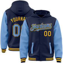 Load image into Gallery viewer, Custom Navy Light Blue-Gold Bomber Full-Snap Varsity Letterman Two Tone Hoodie Jacket