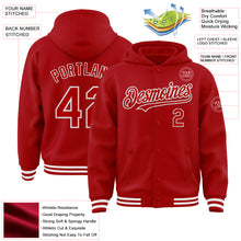 Загрузить изображение в средство просмотра галереи, Custom Red White Bomber Full-Snap Varsity Letterman Hoodie Jacket