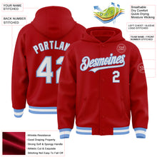 Load image into Gallery viewer, Custom Red White-Light Blue Bomber Full-Snap Varsity Letterman Hoodie Jacket