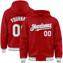 Загрузить изображение в средство просмотра галереи, Custom Red White-Gray Bomber Full-Snap Varsity Letterman Hoodie Jacket