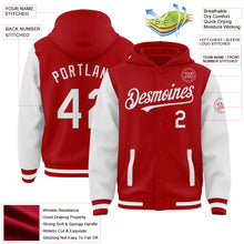 Загрузить изображение в средство просмотра галереи, Custom Red White Bomber Full-Snap Varsity Letterman Two Tone Hoodie Jacket