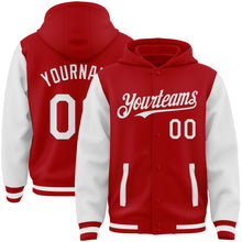 Загрузить изображение в средство просмотра галереи, Custom Red White Bomber Full-Snap Varsity Letterman Two Tone Hoodie Jacket