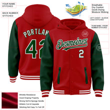 Laden Sie das Bild in den Galerie-Viewer, Custom Red Green-White Bomber Full-Snap Varsity Letterman Two Tone Hoodie Jacket