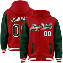 Laden Sie das Bild in den Galerie-Viewer, Custom Red Green-White Bomber Full-Snap Varsity Letterman Two Tone Hoodie Jacket