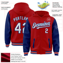 Загрузить изображение в средство просмотра галереи, Custom Red White-Royal Bomber Full-Snap Varsity Letterman Two Tone Hoodie Jacket