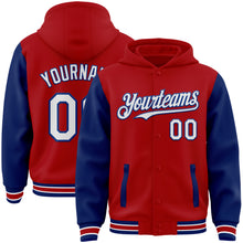 Загрузить изображение в средство просмотра галереи, Custom Red White-Royal Bomber Full-Snap Varsity Letterman Two Tone Hoodie Jacket