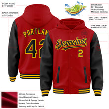 Load image into Gallery viewer, Custom Red Black-Gold Bomber Full-Snap Varsity Letterman Two Tone Hoodie Jacket