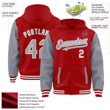 Load image into Gallery viewer, Custom Red Gray-White Bomber Full-Snap Varsity Letterman Two Tone Hoodie Jacket
