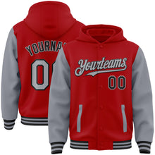Load image into Gallery viewer, Custom Red Gray-Black Bomber Full-Snap Varsity Letterman Two Tone Hoodie Jacket