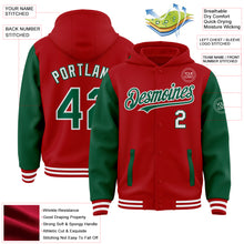Laden Sie das Bild in den Galerie-Viewer, Custom Red Kelly Green-White Bomber Full-Snap Varsity Letterman Two Tone Hoodie Jacket