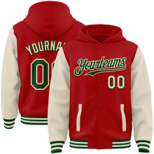 Load image into Gallery viewer, Custom Red Green-Cream Bomber Full-Snap Varsity Letterman Two Tone Hoodie Jacket