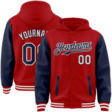 Загрузить изображение в средство просмотра галереи, Custom Red Navy-White Bomber Full-Snap Varsity Letterman Two Tone Hoodie Jacket