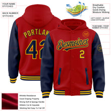 Загрузить изображение в средство просмотра галереи, Custom Red Navy-Gold Bomber Full-Snap Varsity Letterman Two Tone Hoodie Jacket