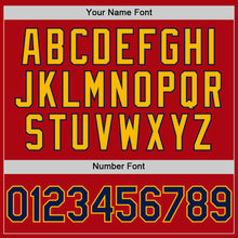 Загрузить изображение в средство просмотра галереи, Custom Red Navy-Gold Bomber Full-Snap Varsity Letterman Two Tone Hoodie Jacket