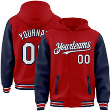 Загрузить изображение в средство просмотра галереи, Custom Red White-Navy Bomber Full-Snap Varsity Letterman Two Tone Hoodie Jacket