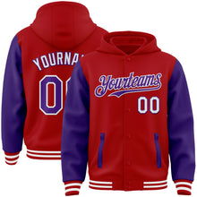 Load image into Gallery viewer, Custom Red Purple-White Bomber Full-Snap Varsity Letterman Two Tone Hoodie Jacket
