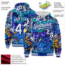Load image into Gallery viewer, Custom Graffiti Pattern White-Royal Abstract Urban Street Art 3D Bomber Full-Snap Varsity Letterman Hoodie Jacket