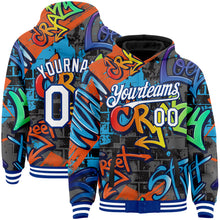 Load image into Gallery viewer, Custom Graffiti Pattern White-Royal Abstract Urban Street Art 3D Bomber Full-Snap Varsity Letterman Hoodie Jacket