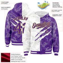 Load image into Gallery viewer, Custom Graffiti Pattern Purple-Old Gold Scratch 3D Bomber Full-Snap Varsity Letterman Hoodie Jacket