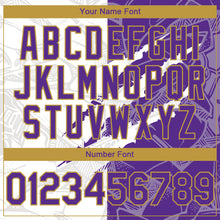 Load image into Gallery viewer, Custom Graffiti Pattern Purple-Old Gold Scratch 3D Bomber Full-Snap Varsity Letterman Hoodie Jacket