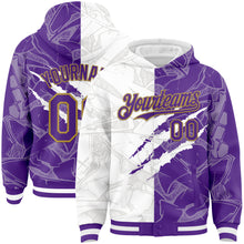 Load image into Gallery viewer, Custom Graffiti Pattern Purple-Old Gold Scratch 3D Bomber Full-Snap Varsity Letterman Hoodie Jacket
