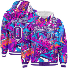 Load image into Gallery viewer, Custom Graffiti Pattern Purple-White Splash 3D Bomber Full-Snap Varsity Letterman Hoodie Jacket