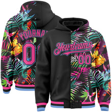 Загрузить изображение в средство просмотра галереи, Custom Black Pink-Light Blue Tropical Palm Leaves 3D Pattern Design Bomber Full-Snap Varsity Letterman Hoodie Jacket